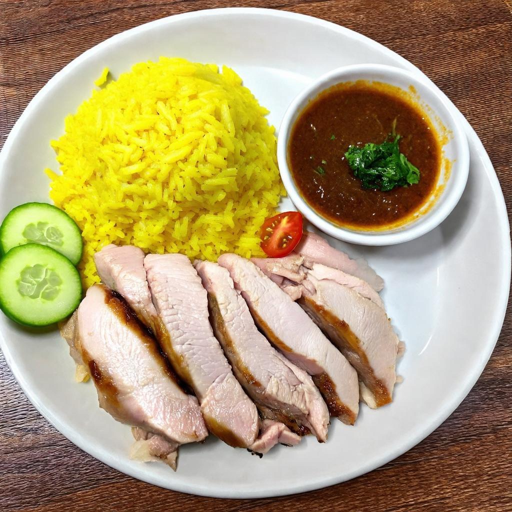 Đĩa cơm gà Hải Nam chặt miếng kèm cơm vàng thơm và nước chấm